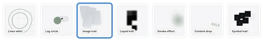 Cursor FX effect options including lines whirl, lag circle, image trail, liquid trail, smoke effect, content drop, and symbol trail