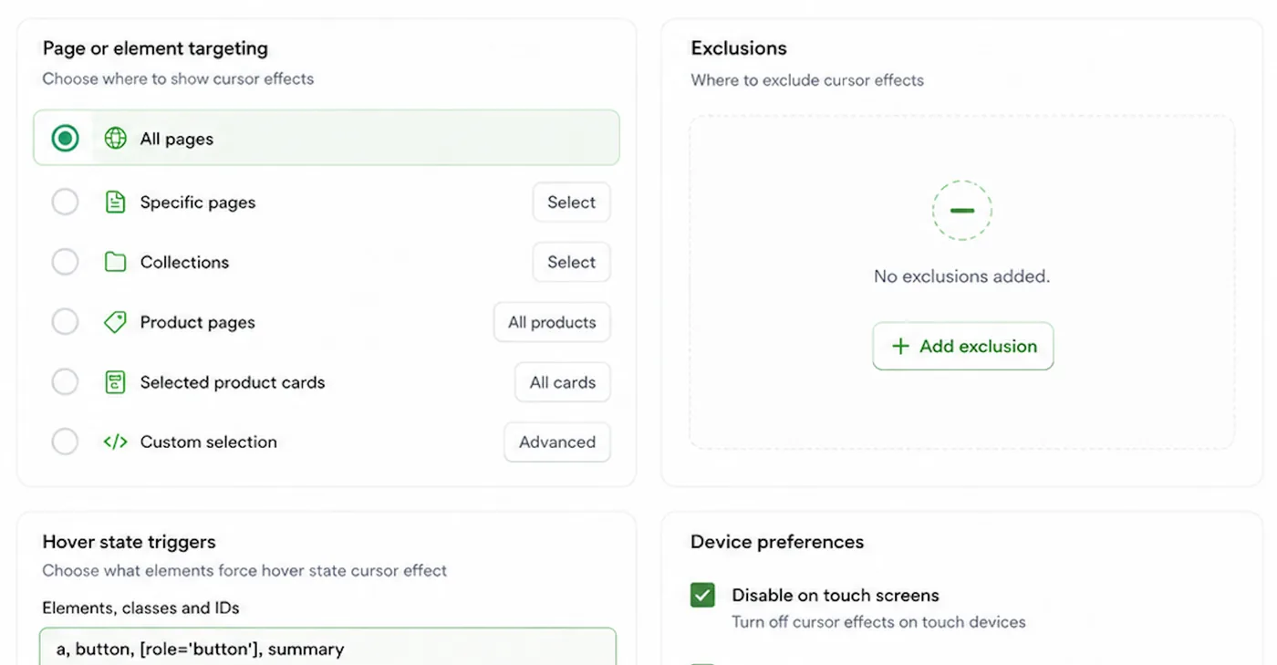 Ferrum Cursor FX rules screen showing page targeting, exclusions, hover triggers, and device preferences