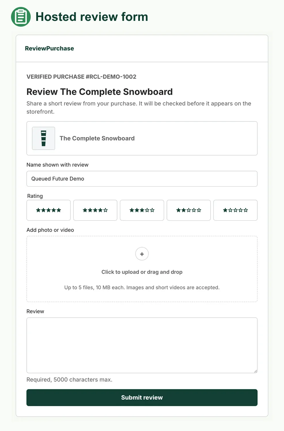 Hosted Review Control form for reviewing a complete snowboard with rating, media upload, review text, and submit button