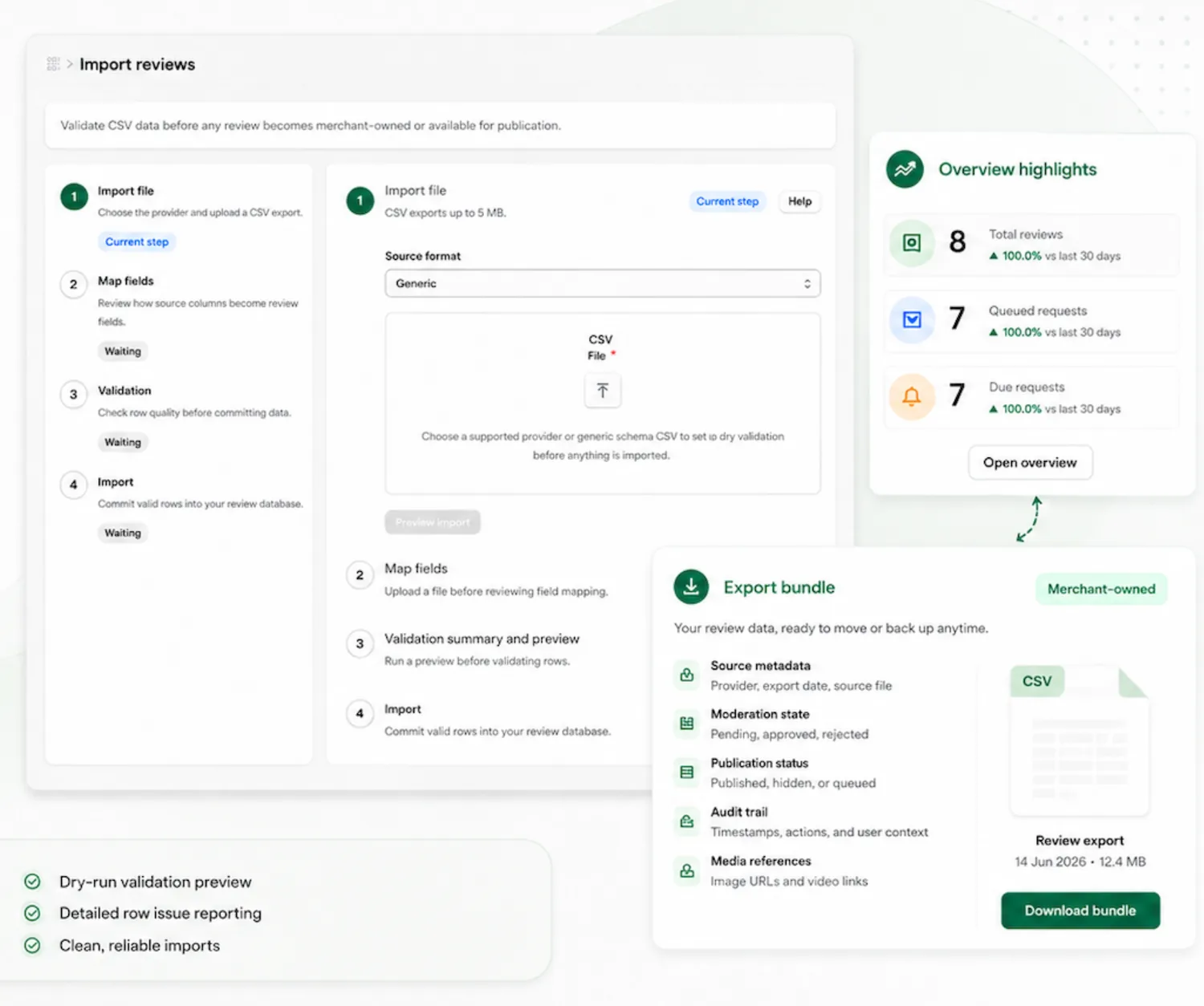 Review Control import workflow with overview highlights and merchant-owned export bundle