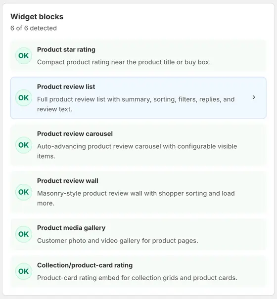 Review Control widget blocks showing six detected storefront widgets