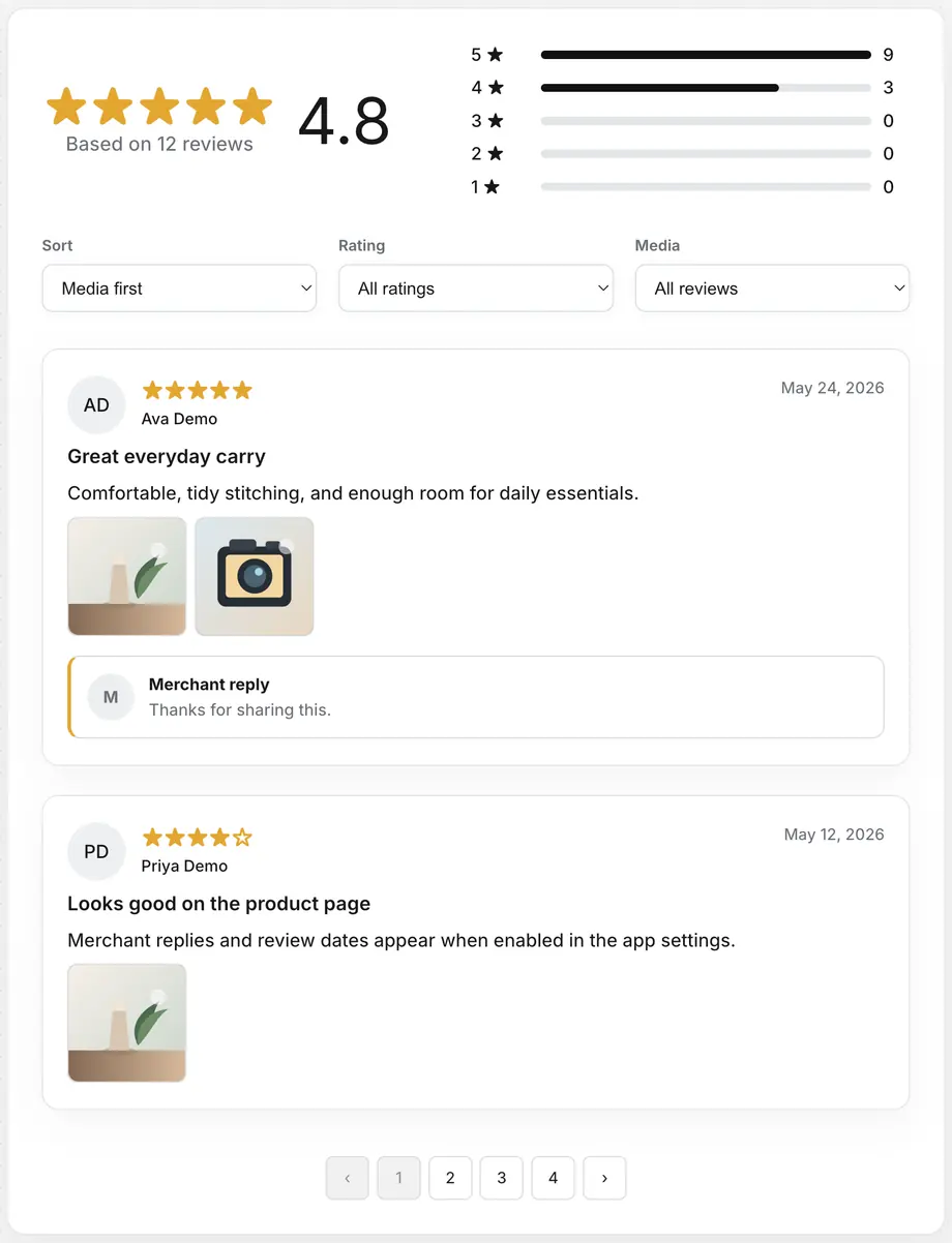 Review Control product review list widget showing rating summary, filters, reviews, media, merchant replies, and pagination