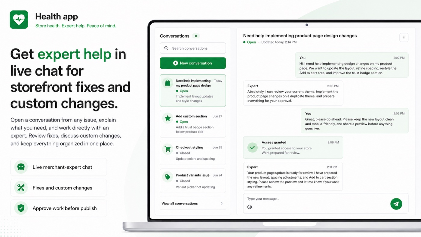 Store Health conversations view with a merchant and expert discussing product page design changes