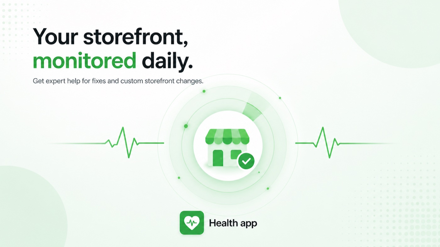 Store Health overview dashboard showing healthy monitors for buy box, cart, checkout, theme, links, and scripts