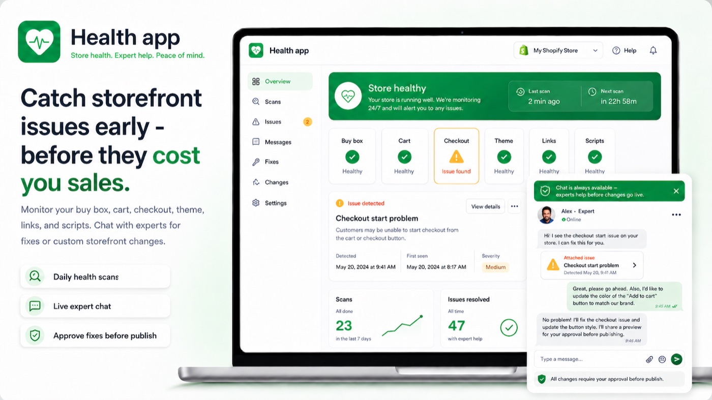Store Health dashboard with healthy monitors and an expert chat
